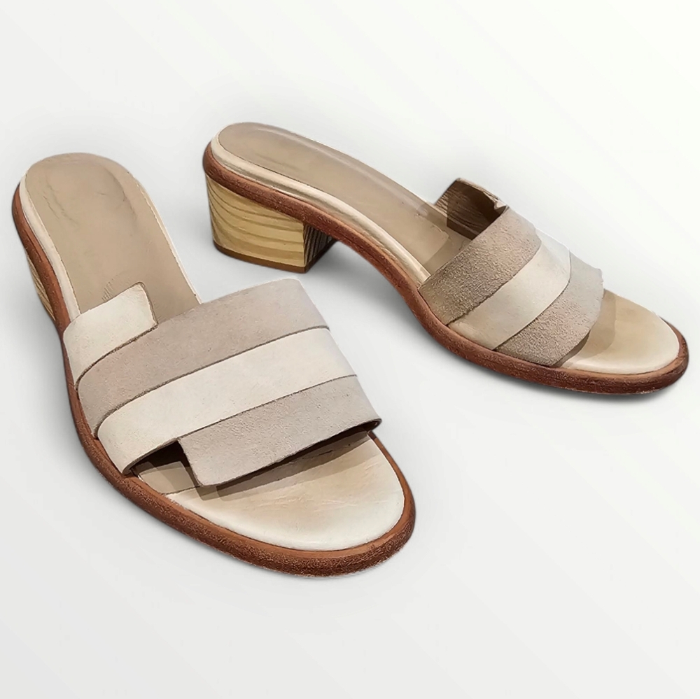 WAL & PAI Beige Cream Leather Block Wooden Heel Sides Sandals 38/7M